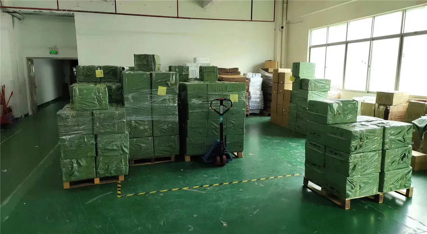 Packed export cartons in the warehouse at the VitalWatch production base in Shenzhen