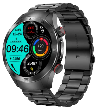 E800 ECG Laser Therapy Smartwatch. Key functions: on-demand ECG, non-invasive glucose-trend monitoring and 650 nm laser wellness therapy. VitalWatch OEM/ODM manufacturer