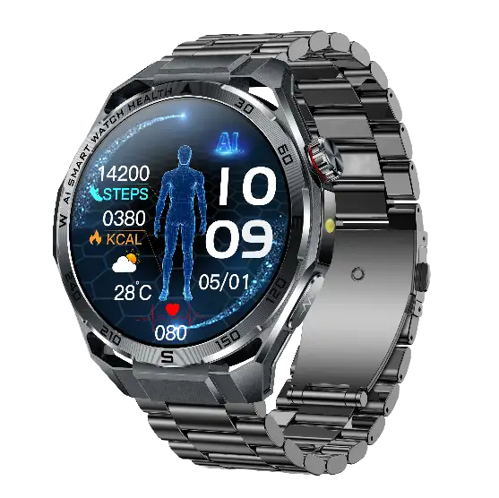 ET474 AI ECG Bluetooth Calling Smartwatch. Key functions: on-demand ECG, non-invasive glucose-trend monitoring and AI-assisted health analysis. VitalWatch OEM/ODM manufacturer