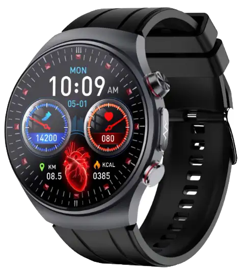ET488 CFDA Air-Pump Blood Pressure ECG Smartwatch. Key functions: on-demand ECG, non-invasive glucose-trend monitoring and Bluetooth calling. VitalWatch OEM/ODM manufacturer
