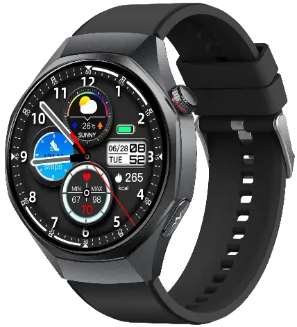 GE400 black 4G ECG wellness watch with speaker grille, front view