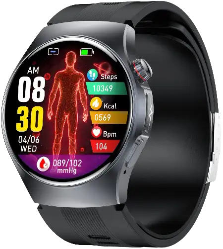 GS206 4G Air-Pump Blood Pressure Smartwatch. Key functions: oscillometric air-pump blood pressure, on-demand ECG and non-invasive glucose-trend monitoring. VitalWatch OEM/ODM manufacturer