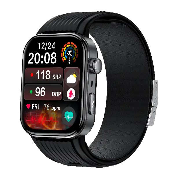 S191 Air-Pump Blood Pressure ECG Smartwatch. Key functions: oscillometric air-pump blood pressure, on-demand ECG and non-invasive glucose-trend monitoring. VitalWatch OEM/ODM manufacturer
